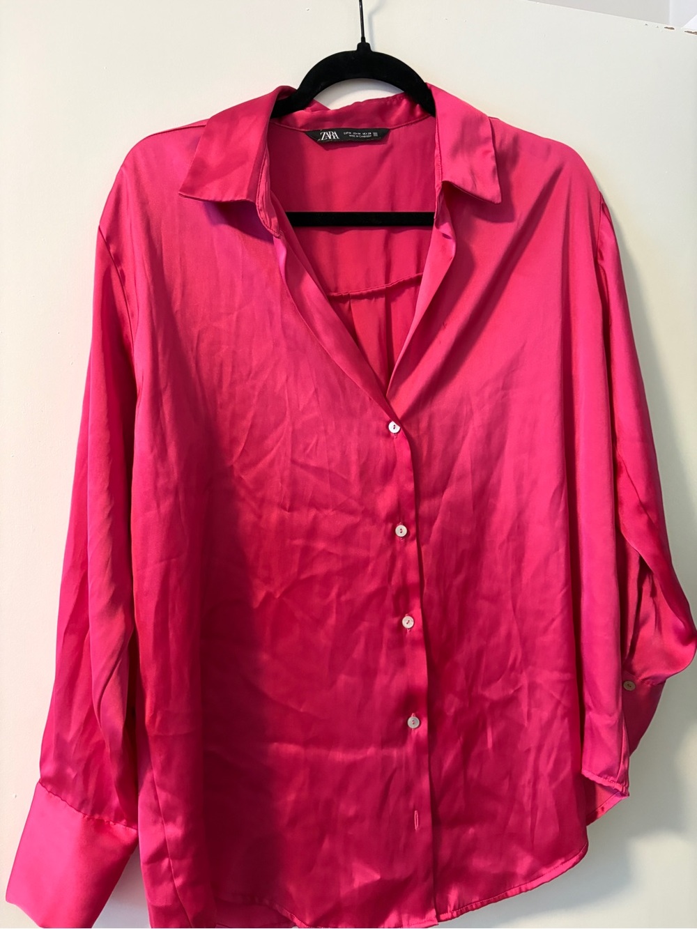 Zara Bright Hot Pink Satin Button-Down Shirt